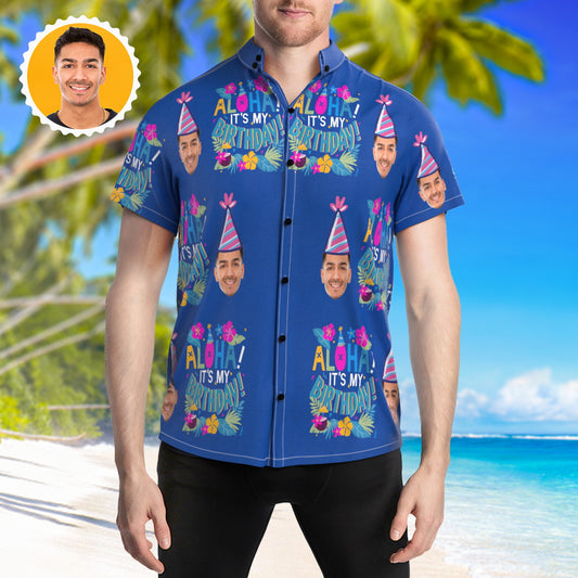 Personalized Face Hawaiian Shirt - Custom Blue Summer Shirt for Men's Birthday Party Gift - Unique Memento