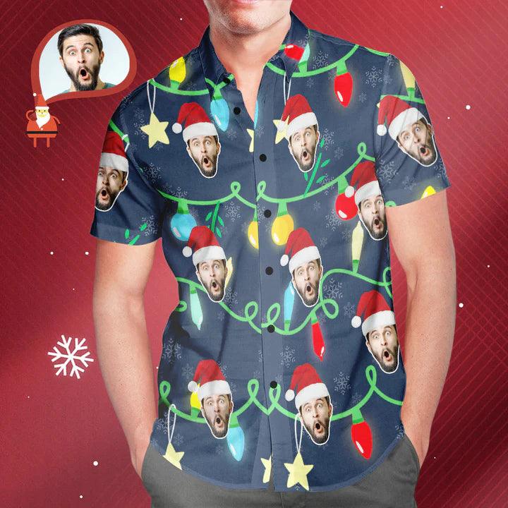 Festive Faces - Men's Custom Printed Christmas Lights Hawaiian Shirt for Holiday Gift-Giving - Unique Memento