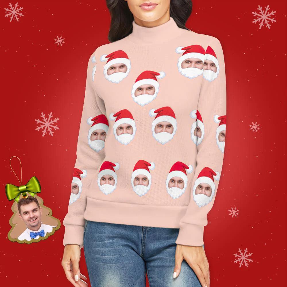 Personalized Santa Claus Face Turtleneck - Custom Printed Women's Ugly Christmas Sweater, Loose Knit Pullover Top - Unique Memento