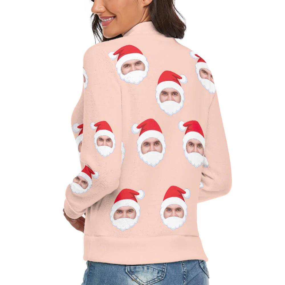Personalized Santa Claus Face Turtleneck - Custom Printed Women's Ugly Christmas Sweater, Loose Knit Pullover Top - Unique Memento