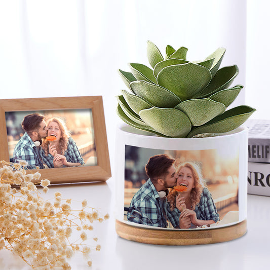 GreenGift Personalized Ceramic Succulent Planter - Custom Photo Modern Flower Pot with Bamboo Tray, Perfect Housewarming or Holiday Gift - Unique Memento